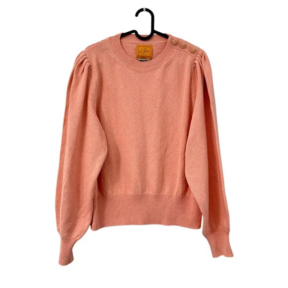 Le Lion Salmon Pink Rhinestone Floral Button Shoulder Puff Sleeve Sweater Large - Picture 1 of 6